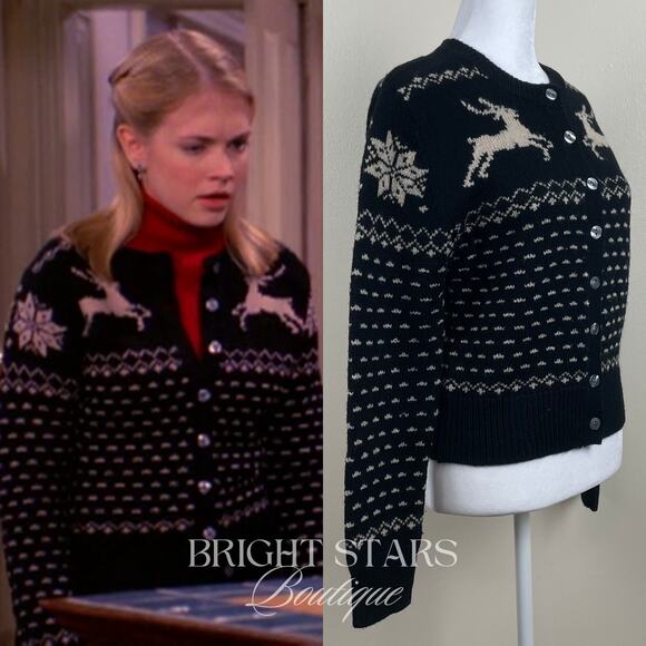 Rare Reindeer Cardigan ASO Sabrina The Teenage Witch Black Cream Vintage Holiday - Picture 4 of 11